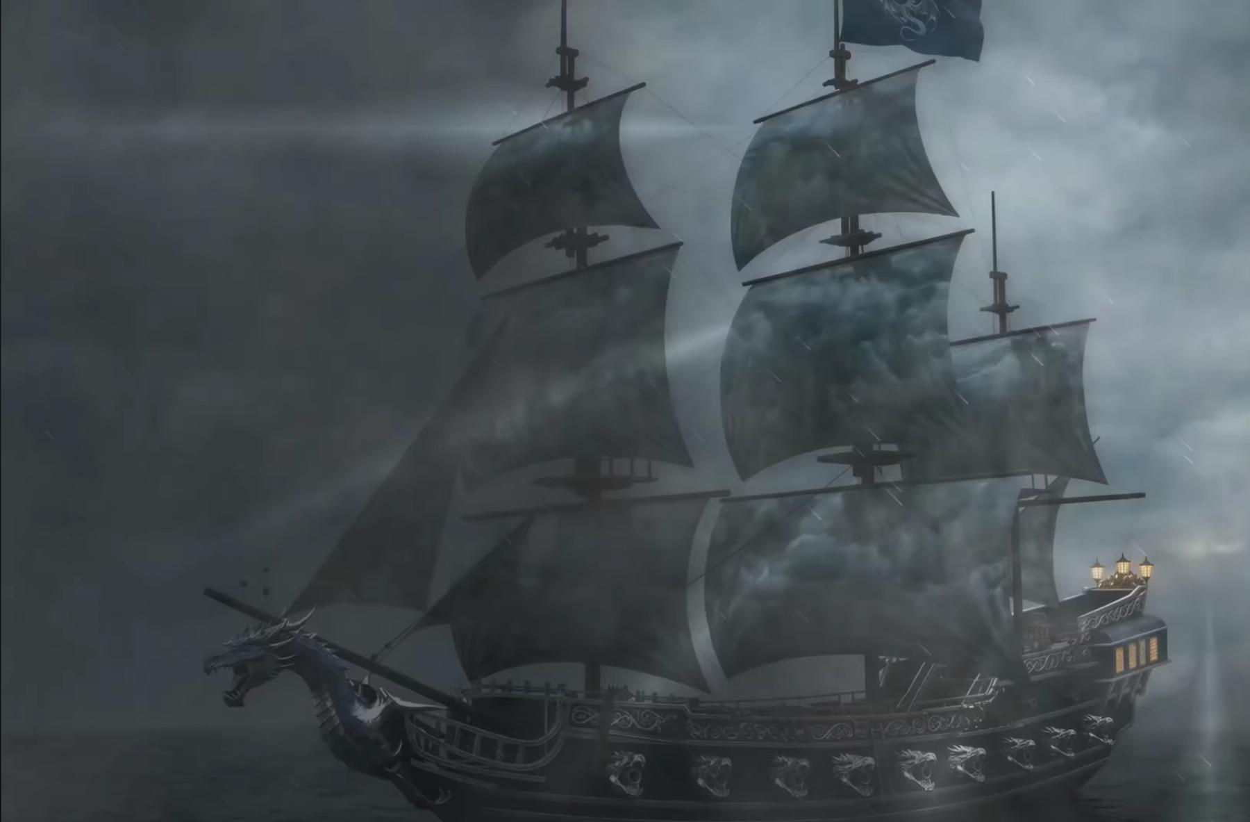 The Queen of Storms — a black arcane frigate with a dragon figurehead, storm-grey sails, and lantern-lit sterncastle, cutting through fog and rain